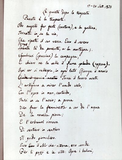 Manuscrito del poema "La quietud después de la tormenta" de Leopardi. 1829 (documentos ) de Giacomo Leopardi