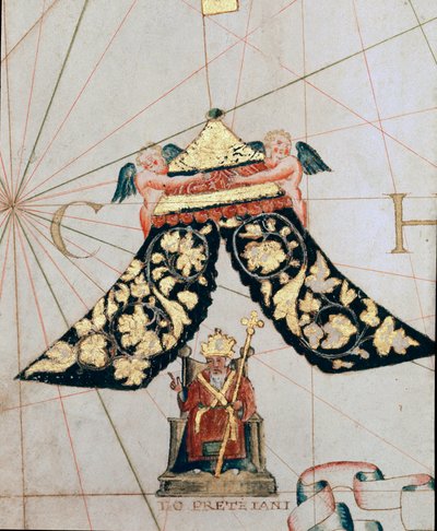Representación del sacerdote Juan, gobernante de un reino cristiano ubicado hacia Etiopía (Detalle de un mapa del siglo XVI) de Giacomo Maggiolo