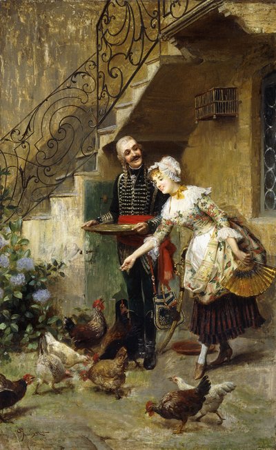 Una pareja elegante alimentando gallinas en un patio de Giacomo Mantegazza