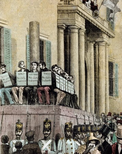 Risorgimento: miembros del movimiento Giovine Italia (incluyendo a Carlo Cattaneo (1801-1869), Tinelli, Danzi, Bussi) sentados frente al Palacio de Justicia en Milán, escuchando la sentencia que los condena al exilio en 1848. Litografía de Manteg de Giacomo Mantegazza