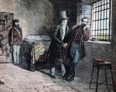 El patriota italiano Giuseppe Mazzini (1805-1872) encarcelado en Savona en 1830 se encuentra con su padre que lo empuja a abandonar los estados sardos. Grabado de Giacomo Mantegazza (1853-1920) 1884 Colección privada de Giacomo Mantegazza