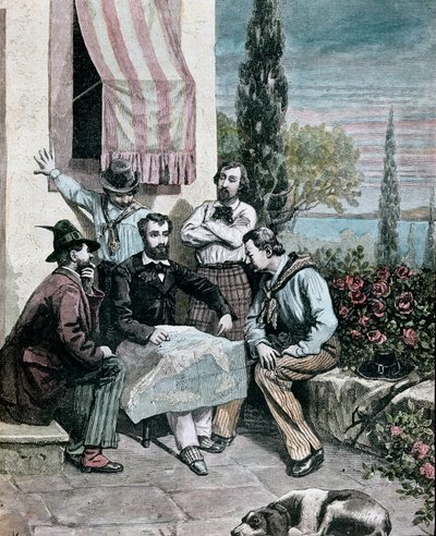 Risorgimento: los exiliados en Corfú cuyos hermanos Attilio Bandiera (1810-1844) y Emilio Bandiera (1819-1844) estudian un mapa italiano para hacer una expedición de Giacomo Mantegazza