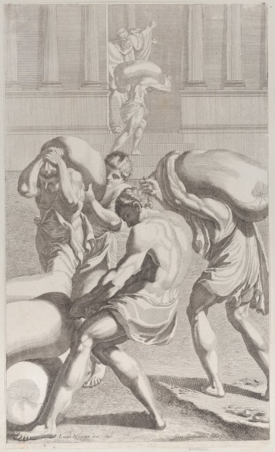 Hombres llevando sacos de plomo al monasterio de San Benito, 1687-1717 de Giacomo Maria Giovannini