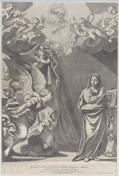 La Anunciación, con Gabriel y otros ángeles a la izquierda y Dios Padre arriba de Giacomo Maria Giovannini