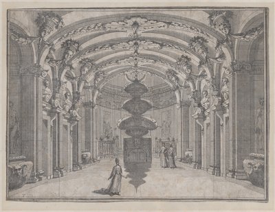 Escena teatral en un gran salón con techo abovedado y una escultura central, ca. 1687-1717 de Giacomo Maria Giovannini