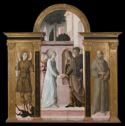 Tríptico: La Visitación, entre San Miguel y San Francisco (pintura sobre madera) de Giacomo Pacchiarotti