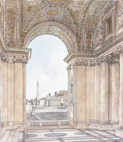Vista de la Piazza San Pietro, Roma mirando al sur desde el pórtico de la Basílica, antes de 1779 de Giacomo Quarenghi