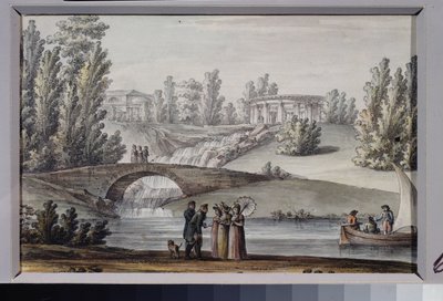 El Templo de Apolo y la cascada en el Parque Pavlovsk (San Petersburgo). Obra de Giacomo Antonio Domenico Quarenghi (1744-1817), tinta y acuarela sobre papel, hacia 1800. Arte italiano de Giacomo Quarenghi