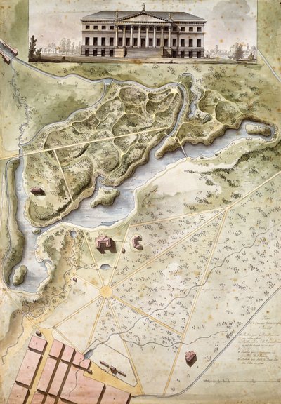 Peterhof, Rusia: Elevación del Palacio Inglés y Plano del Parque de Giacomo Quarenghi