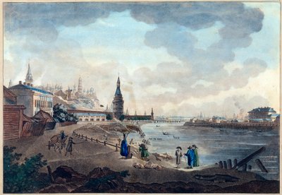 Vista del Kremlin de Moscú tomada desde el Puente de Piedra sobre el Moscova (Moskva o Moskwa). Obra de Giacomo Antonio Domenico Quarenghi (1744-1817), acuarela y tinta sobre papel, hacia 1790. Arte italiano de Giacomo Quarenghi