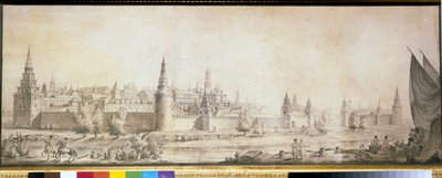 Vista panorámica del Kremlin de Moscú a finales del siglo XVIII - Obra de Giacomo Antonio Domenico Quarenghi (1744-1817), finales de la década de 1790 - Vista panorámica del Kremlin de Moscú a finales del siglo XVIII - Pluma, pincel, color marrón , tiza ne de Giacomo Quarenghi