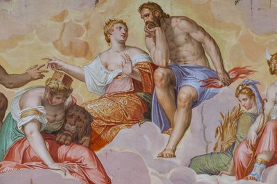 Juno, Júpiter y Cibeles tumbados en las nubes, sobre ruinas arquitectónicas, detalle de la Sala del Olimpo, c.1557 (fresco) de Giambattista Zelotti