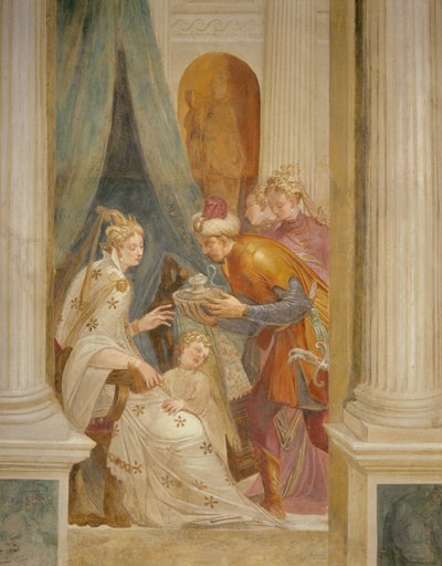 Pared derecha que representa a Sofonisba con su hijo recibiendo el siguiente bote de veneno (fresco) de Giambattista (1526 78) Zelotti