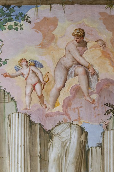 Venus y Cupido, detalle de la Sala del Olimpo, c.1557 (fresco) de Giambattista Zelotti