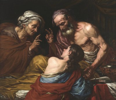 Isaac benit Jacob - Isaac bendiciendo a Jacob, de Langetti, Giovan Battista (1635-1676). Óleo sobre lienzo, Entre 1660 y 1670. Dimensión : 109x126 cm. Museo Nacional Brukenthal, Sibiu de Giambattista Langetti