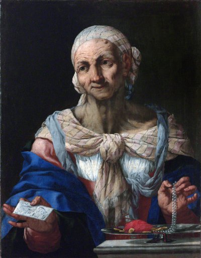 Mujer vieja con un collar de perlas y una carta (Vanitas) de Giambattista Langetti