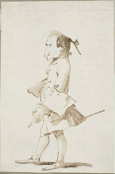 Caricatura de un hombre, de cuerpo entero, mirando a la izquierda de Giambattista Tiepolo