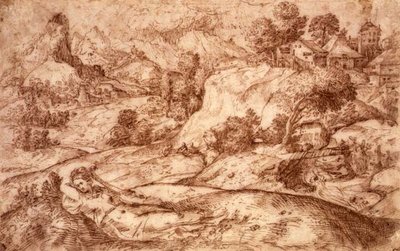 No.0955 Paisaje Montañoso con una Figura Femenina Reclining de Gian Battista (attr. to) Angolo del Moro