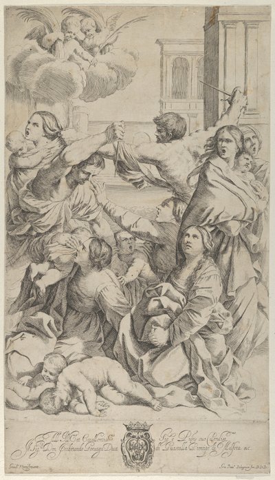Masacre de los inocentes, grupo de mujeres y niños siendo atacados, dos ángeles, ca. 1640-70 de Gian Battista Bolognini