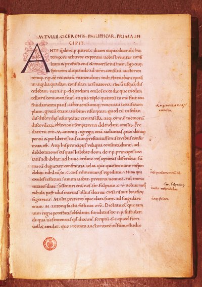 Apógrafo de Marco Tulio Cicerón (pluma y tinta sobre vitela) de Gian Francesco Poggio Bracciolini