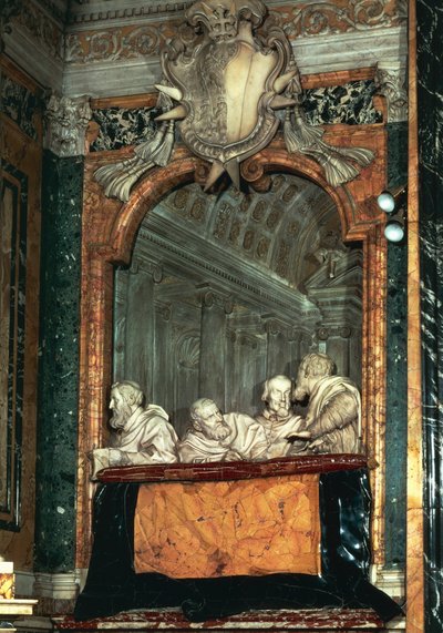 Caja lateral con la familia Cornaro, escultura de mármol de la escuela de Gian Lorenzo Bernini, Capilla Cornaro, Iglesia de Santa María de la Victoria, Roma, Italia de Gian Lorenzo Bernini