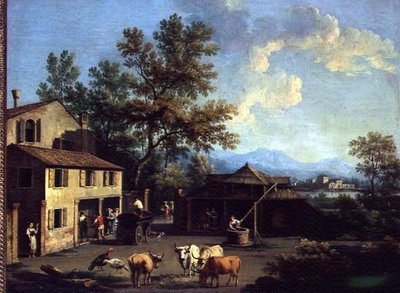 Un corral con campesinos y animales de Gianbattista Cimaroli