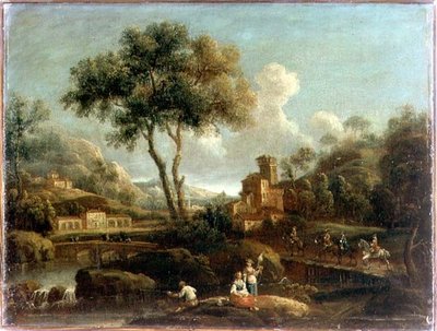 Un paisaje fluvial boscoso con viajeros de Gianbattista Cimaroli