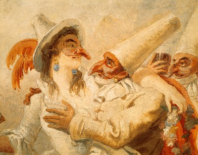 Carnaval de Giandomenico Tiepolo (1727-1804), fresco, detalle con tres máscaras, Ca