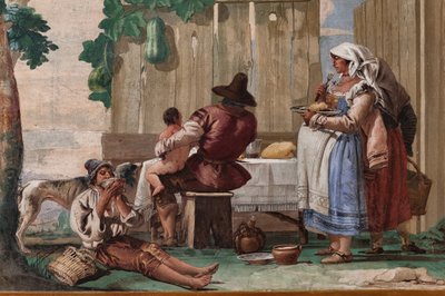 Familia campesina a la mesa, de la sala de escenas rústicas, en la Foresteria (Casa de huéspedes) 1757 (fresco) de Giandomenico  Tiepolo