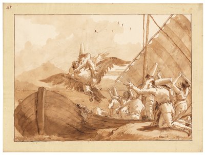 Punchinello llevado por un águila (tiza, pluma y tinta, y aguada sobre papel) de Giandomenico (1727 1804) Tiepolo
