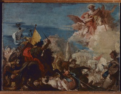 Los santos Faustino y Jovita aparecen en defensa de Brescia bajo ataque de Niccolò Piccinino en 1438 de Giovanni Domenico Tiepolo