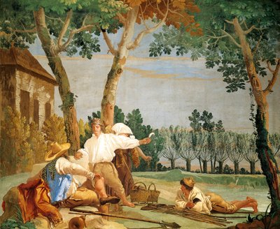 Campesinos descansando, de Giandomenico Tiepolo (1727-1804), fresco, Sala de Escenas Rústicas de la Foresteria, Villa Valmarana "Ai Nani", Vicenza, Italia. de Giandomenico (1727 1804) Tiepolo