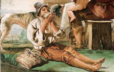 (detalle) de Familia campesina en la mesa, de la Sala de Escenas Rústicas, en la Foresteria, 1757 de Giovanni Domenico Tiepolo