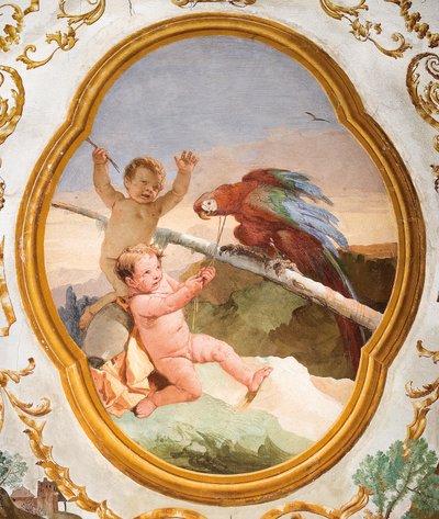 Putti con un Loro, de la Sala de Putti en la Foresteria (Casa de Huéspedes), 1757 de Giovanni Domenico Tiepolo