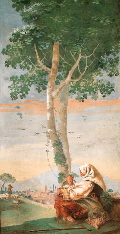 La anciana campesina sentada bajo un árbol con una cesta de huevos, de la Sala de Escenas Campestres, 1757 de Giovanni Domenico Tiepolo
