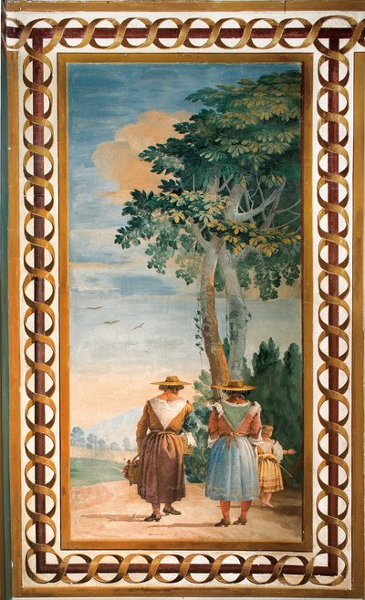 Tres campesinos vistos desde atrás, de la Sala de Escenas Rústicas, en la Foresteria, 1757 de Giovanni Domenico Tiepolo