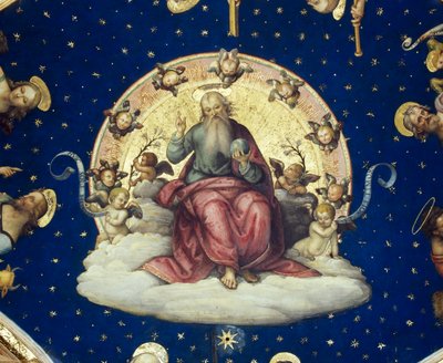 Dios bendiciendo sentado en gloria, detalle de escena de Historias de la vida de San Juan Bautista de Giannicola di Paolo