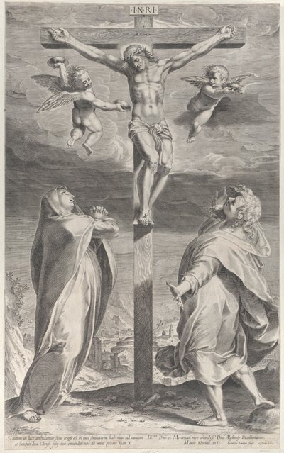 Crucifixión con la Virgen María y San Juan Evangelista, ángeles arriba, ca. 1593 de Gijsbert Van Veen
