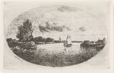 Vista al río con un velero de Gijsbertus Johannes Verspuy