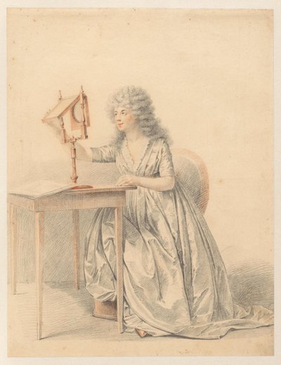 Estudio de la figura de una mujer sentada que sostiene un espejo óptico de Gijsbertus Johannus van den Berg