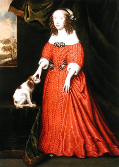Retrato de una joven dama en un vestido rojo con un spaniel de Gilbert (attr.to) Jackson