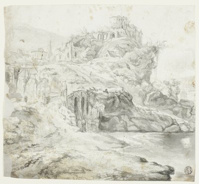 Promontorio rocoso con ruinas y cascadas (anverso); Boceto de acantilado con edificios (reverso) de Giles Edme Petit