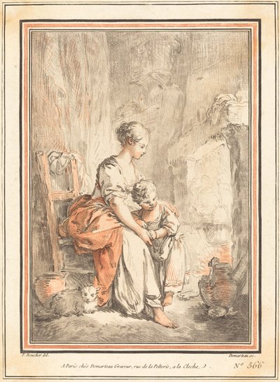 Mujer y Niño ante una Chimenea de Gilles Antoine Demarteau after François Boucher