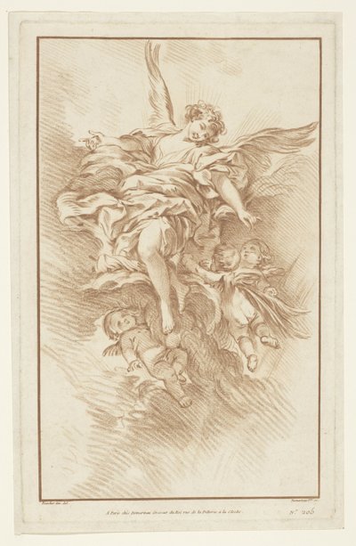 Ángel con tres amorcillos en las nubes de Gilles Demarteau
