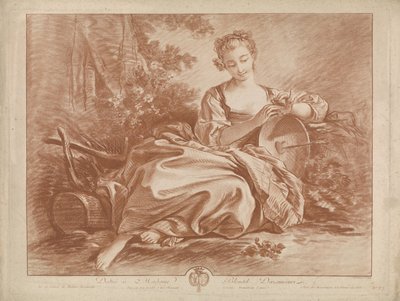 mujer joven, sentado, con, escudo, en, el, cual, un, corazón, perforado, por, flecha de Gilles Demarteau