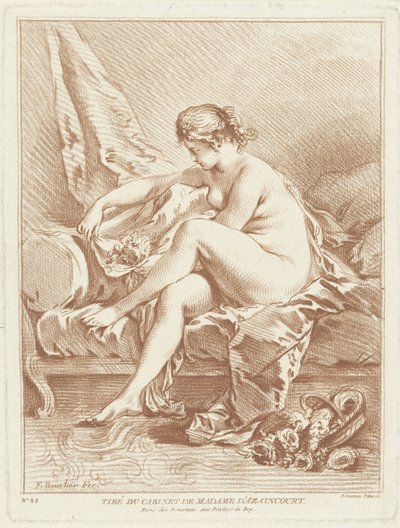 mujer desnuda, sentado, cama, con, flores de Gilles Demarteau