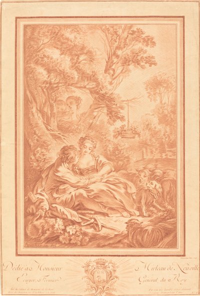 Dos amantes sentados al pie de un gran árbol, sorprendidos por dos chicas de Gilles Demarteau