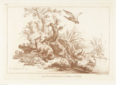 Zorro con la pata en la trampa y cisne y patos volando cerca del agua de Gilles Demarteau