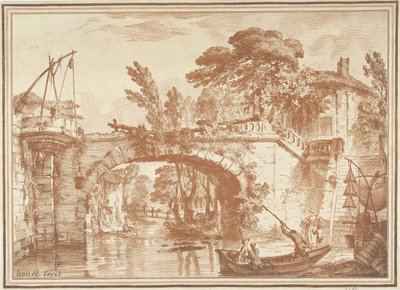 Paisaje del sur con puente y casas junto al río de Gilles Demarteau