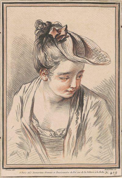 Cabeza de una Joven con Sombrero de Gilles Demarteau the Elder after Antoine Watteau